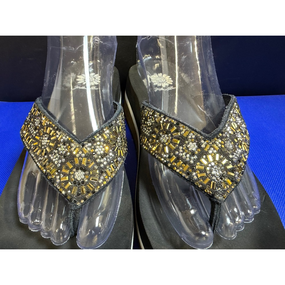 Yellow Box Kania Womens Black Beaded Platform Flip Flops Sandals Gold Silver 7.5 - Picture 4 of 8